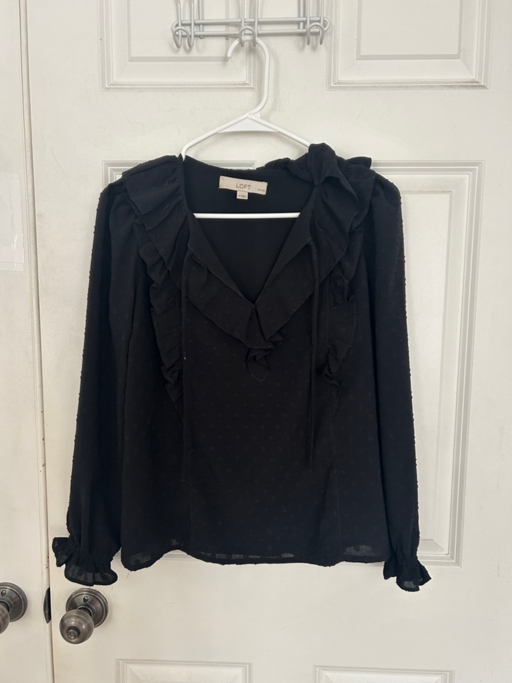LOFT Solid Black Dot Swiss Long Sleeve Ruffle Detail Top size small petite